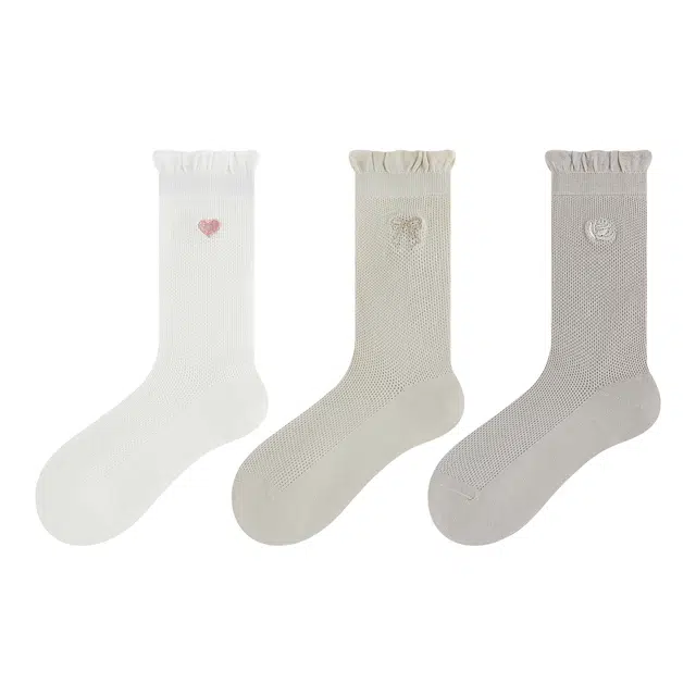 潇潇玲珑阁 薄款堆堆花边纯棉无骨网眼透气夏季中筒袜 女款 组合装