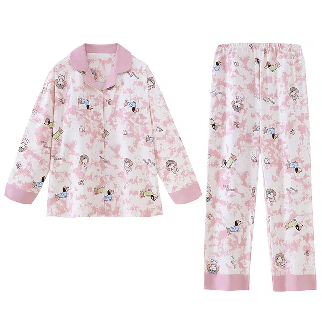 顶瓜瓜 带胸垫一体仿棉长袖长裤翻领开衫甜美卡通腊肠狗两件套家居服秋季睡衣套装 女款