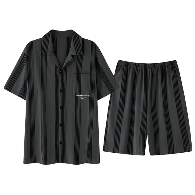 俏韵 短袖亲肤条纹翻领家居服可外穿睡衣套装 男款