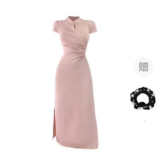 雾闪闪 新中式蝴蝶印花改良旗袍缎面压花旗袍短袖连衣裙 女款