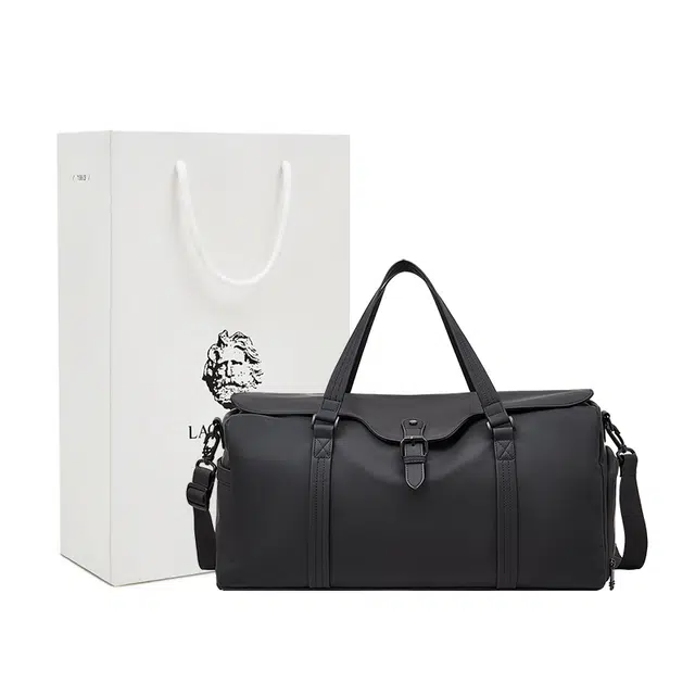 老人头 经典休闲大容量干湿分离鞋仓轻便短途出差行李袋 合成革 旅行包 男女同款情侣款 黑色/灰色