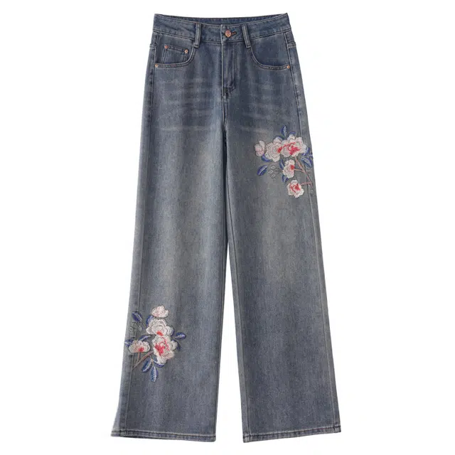 潞优野 重工刺绣花阔腿裤高腰复古显瘦牛仔裤 女款