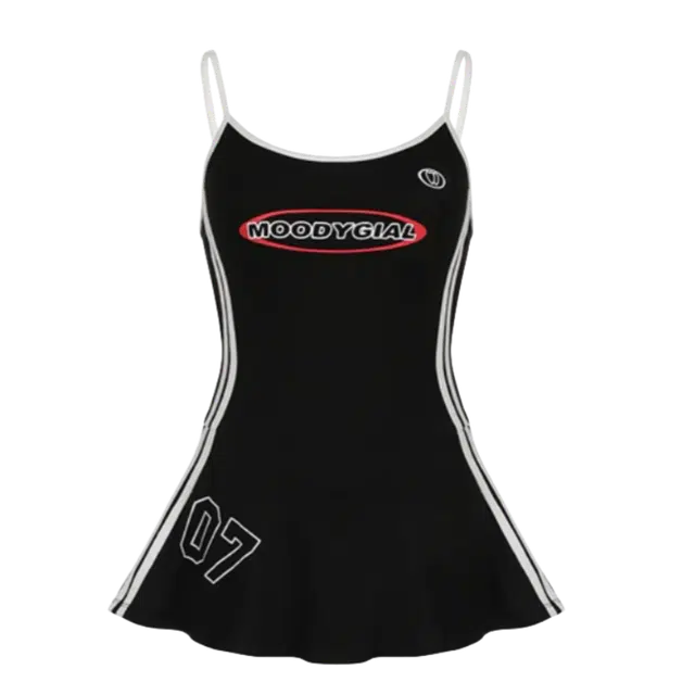 识恩 美式复古字母拼接分割时尚简约百搭运动休闲短裙女吊带连衣裙 女款