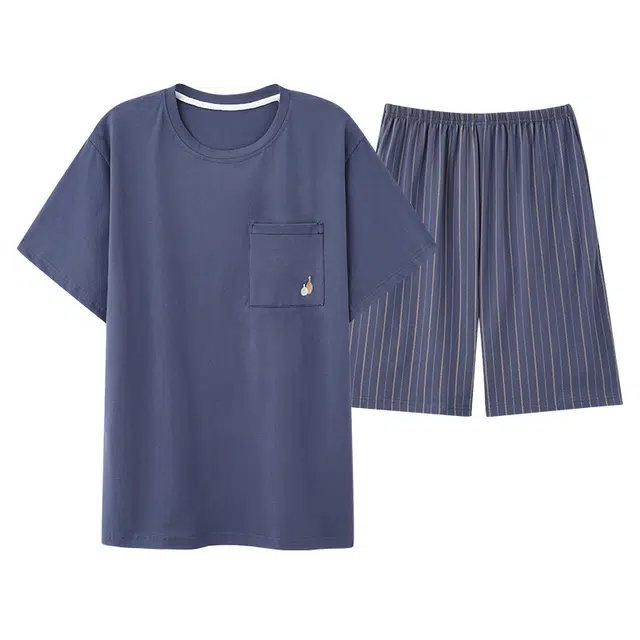 俏薇妮 柔软简约纯色高级感短袖短裤家居服慵懒温馨舒适透气休闲凉感可外穿睡衣套装 男款 蓝色