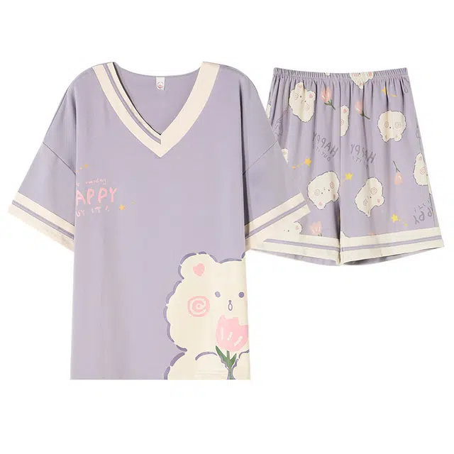 俏佳人 休闲柔软亲肤可外穿套头短袖短裤慵懒宽松家居服睡衣套装 女款