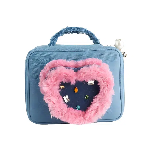 艾情草之恋 想象果冻爱心牛仔珍珠手提化妆包 防水大容量便携