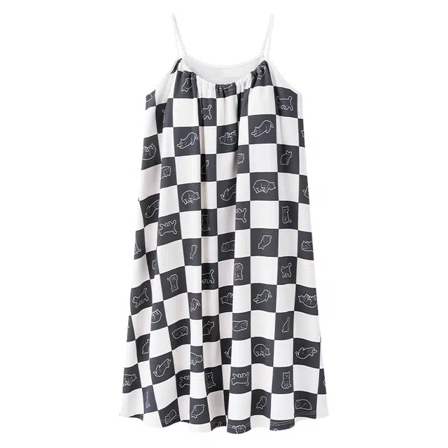 俏韵 格子吊带无袖卡通带胸垫家居服可外穿睡裙 女款