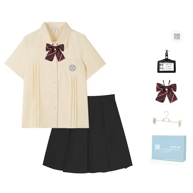 冰淇淋与鲸 夏季 甜妹日常百搭学院短袖衬衫经典纯色通勤百褶裙制服 女款 黄色/黑色
