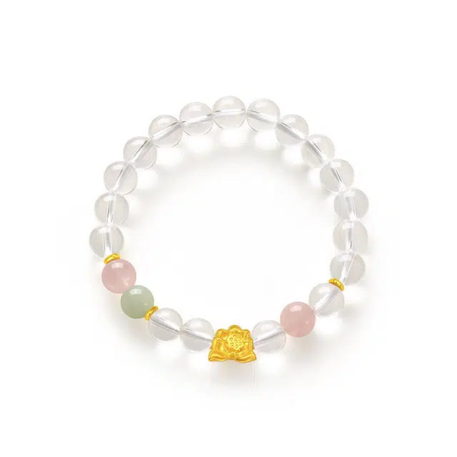 珍·尚银 中国黄金步步生莲 新中式 招财纳福 精致小众设计 白水晶 手串 女款