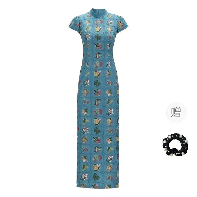 雾闪闪 新中式改良刺绣碎花立领旗袍收腰舒适短袖连衣裙 女款