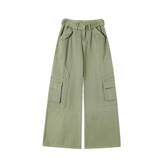 法文箱子 军绿色直筒复古阔腿裤高腰长裤牛仔裤 女款