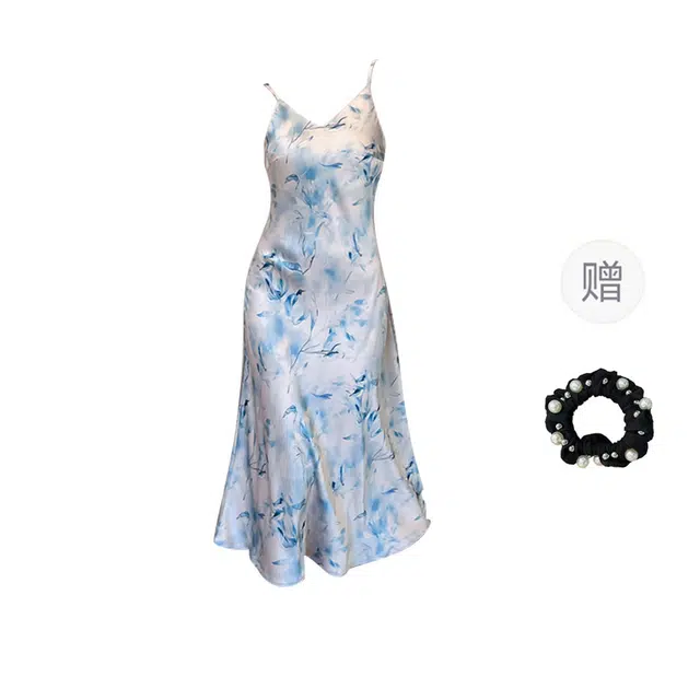雾闪闪 气质淑女轻国风高个子收腰温柔风修身吊带连衣裙 女款