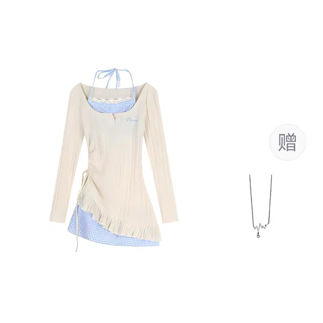 识恩 纯欲甜美辣妹风收腰小众不规则拼接叠穿挂脖假两件短裙长袖连衣裙 女款