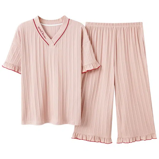 细舍 短袖七分裤薄款可爱外穿家居服两件套睡衣套装 女款