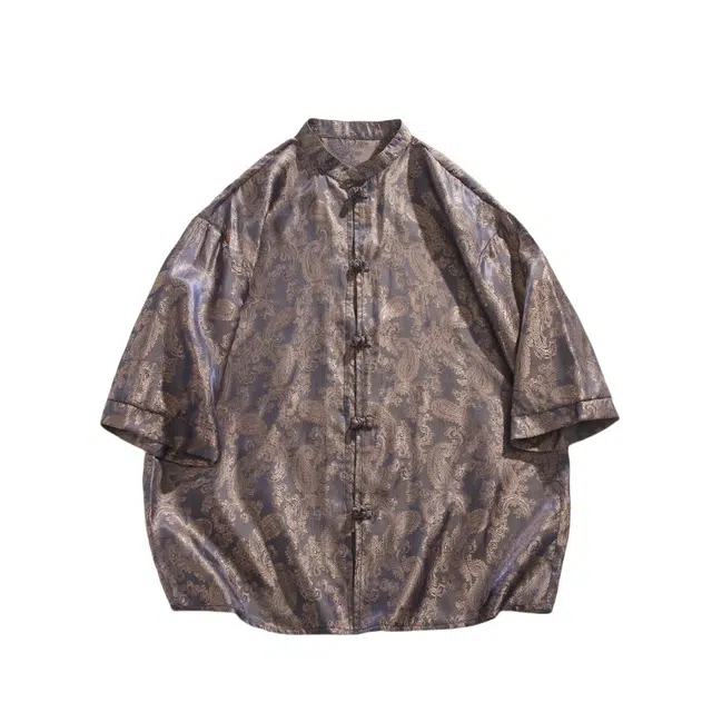 加荣 中国风提花衬衣夏季薄款潮牌新中式盘扣立领设计感小众潮流半袖唐装汉服高级感上衣宽松休闲五分袖短袖衬衫 男女同款