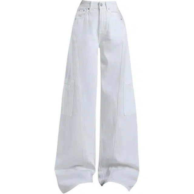 拾籍 美式高街垂感拼接口袋工装女夏季宽松直筒高腰显瘦阔腿裤牛仔裤 女款