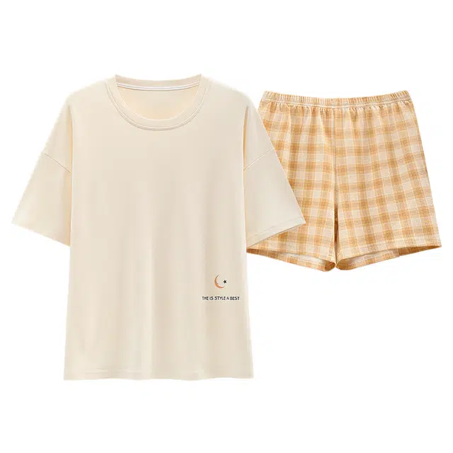 睦隆世家 自带胸垫纯棉家居服汗蒸服短袖短裤薄款可外穿夏季睡衣套装 女款