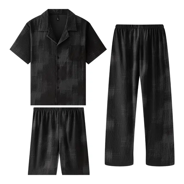 向薇 高级感开衫纯色短袖薄款大码三件装家居服睡衣套装 男款