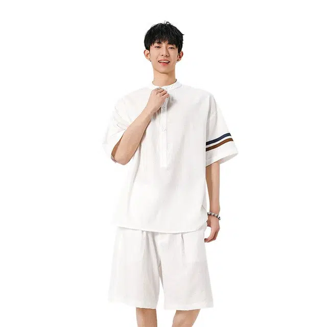佐菲利 亨利领短袖短裤美式极简通勤百搭休闲运动套装 男款