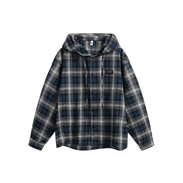 欧路得 美式复古撞色格纹宽松慵懒风连帽百搭春季长袖衬衫 男女同款