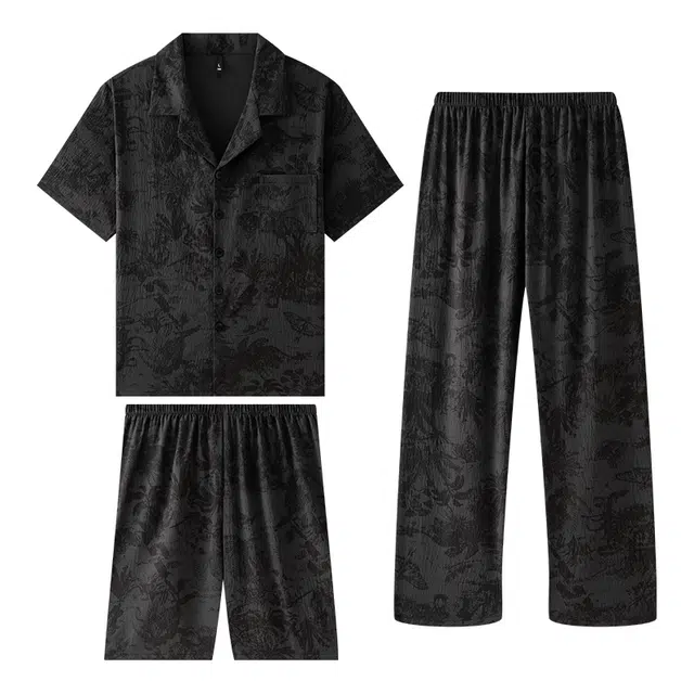 向薇 三件套短袖长裤家居服薄款可外穿夏季睡衣套装 男款