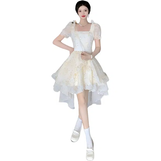 黛尔佳人 法式碎花裙女夏季在逃公主裙甜美收腰蝴蝶结蓬蓬裙子短袖连衣裙 女款
