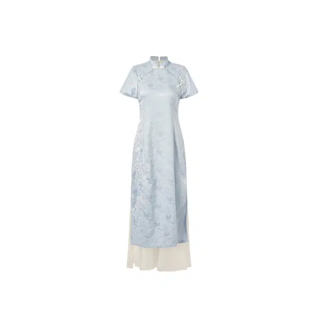 沐晓欣 文艺复古温柔竹韵新中式气质优雅大方温柔晕染提花收腰刺绣修身显瘦舒适高级感改良旗袍裙子短袖连衣裙 女款