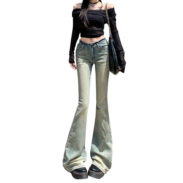 么宁 美式毛边微喇叭梨型身材高腰辣妹拖地马蹄裤牛仔裤 女款