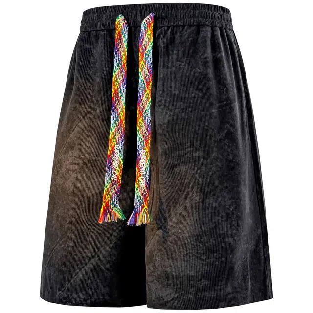 吾皇猫 扎染灯芯绒裤子美式复古简约基础款学院风运动直筒宽松多彩系带潮流潮牌时尚百搭五分裤舒适透气休闲短裤 男女同款