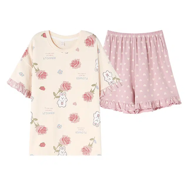 俏佳人 甜美韩版柔软亲肤休闲可外穿短袖慵懒家居服睡衣套装 女款