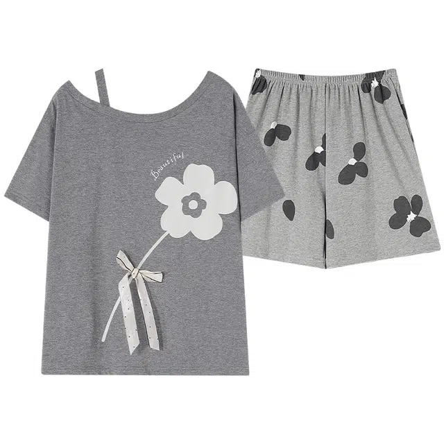 俏佳人 柔软休闲可外穿套头露肩短袖短裤慵懒宽松家居服睡衣套装 女款