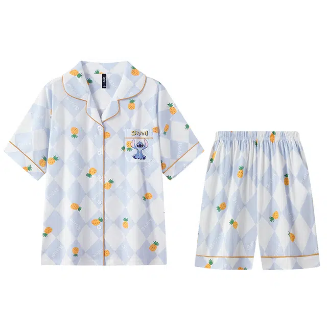 宫蝶 史迪仔系列 短袖卡通抗菌家居服休闲开衫可外穿宽松夏季睡衣套装 男女同款 浅蓝色