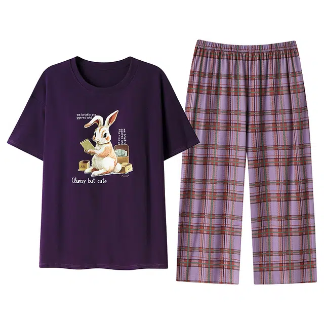 俏韵 卡通可爱兔子短袖七分裤带胸垫家居服睡衣套装 女款