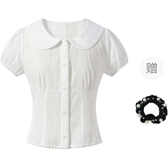 雾闪闪 少女法式甜美可爱气质百搭休闲娃娃领短袖泡泡袖上衣衬衫 女款