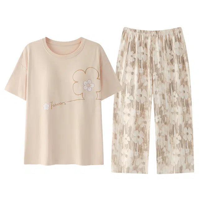 俏韵 胸垫系列 甜美风带胸垫短袖七分裤家居服可外穿睡衣套装 女款