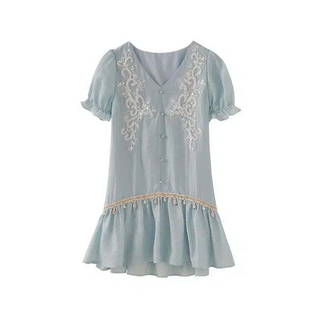 花栗鼠小姐 里斯本假日波西米亚度假风法式串珠刺绣钉森林系珠花片清爽透气短袖连衣裙 女款