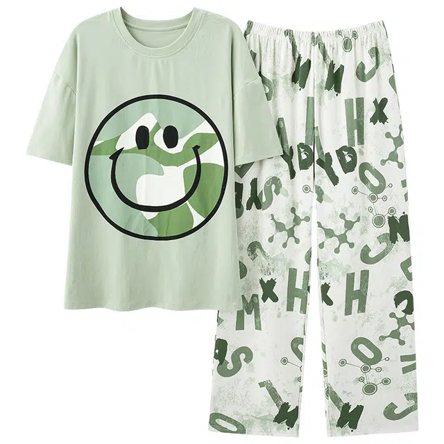 俏佳人 柔软亲肤笑脸字母休闲短袖长裤慵懒家居服睡衣套装 男款