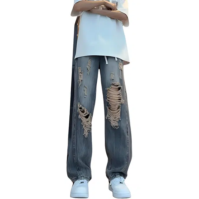 单爵 高街乞丐破洞薄款高腰显瘦直筒裤裤子牛仔裤 男女同款