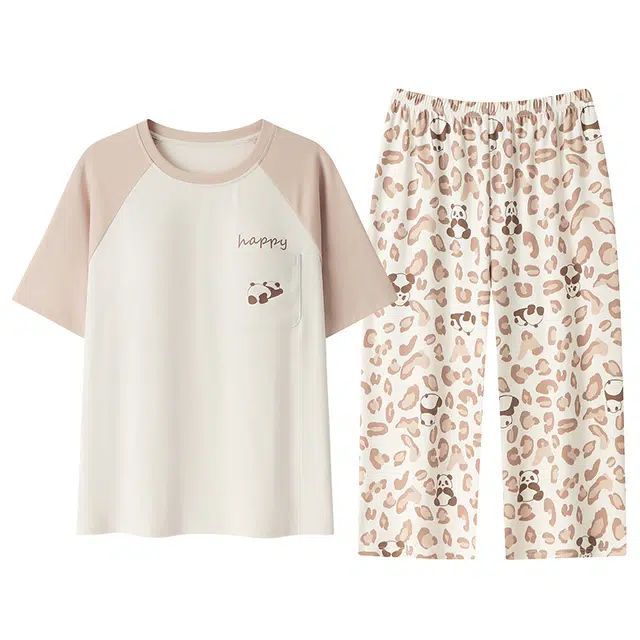 俏韵 卡通小熊猫短袖七分裤带胸垫家居服睡衣套装 女款