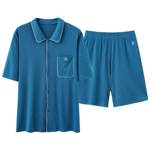 俏佳人 纯色基础柔软亲肤休闲开衫慵懒宽松短袖短裤家居服睡衣套装 男款