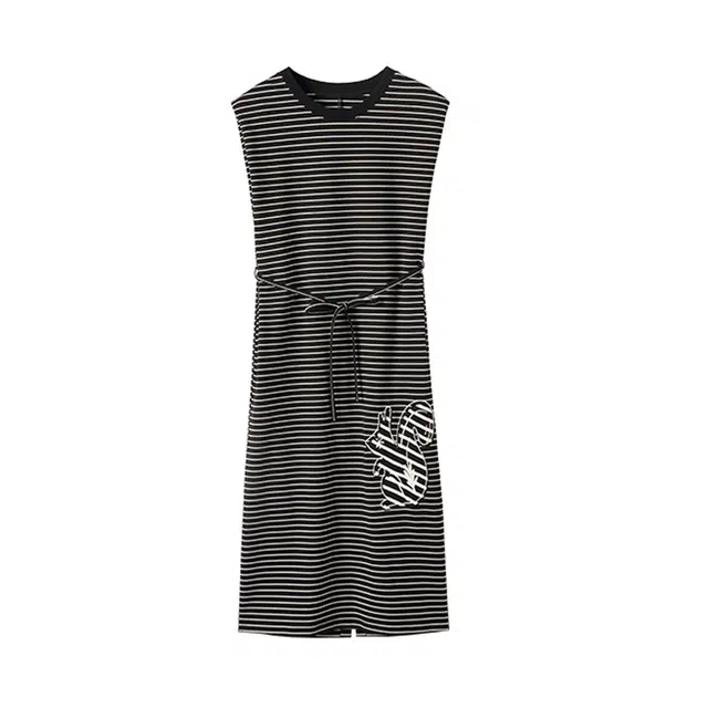 潞优野 贴布刺绣条纹圆领高腰舒适无袖连衣裙 女款
