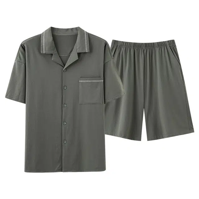 俏佳人 基础柔软亲肤纯色休闲开衫慵懒短袖家居服睡衣套装 男款