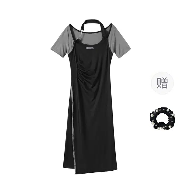 雾闪闪 法式赫本风纯欲甜辣气质设计感小众收腰开叉挂脖短袖连衣裙 女款