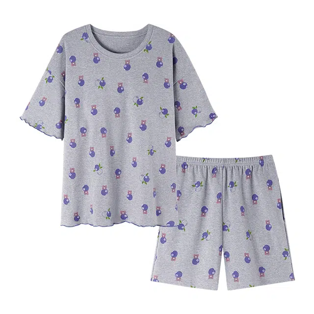 顶瓜瓜 带胸垫纯棉短袖可爱卡通蓝莓小熊休闲家居服睡衣套装 女款
