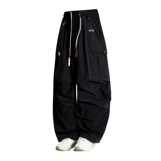 沐诚阳译 美式夏季宽松大码冰丝伞兵裤 复古绑带阔腿时尚百搭纯色简约款工装裤 男女同款