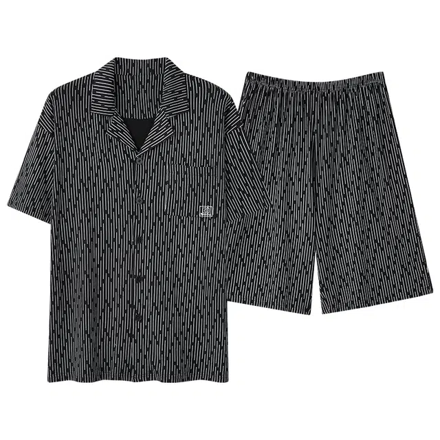 俏佳人 纯色基础柔软亲肤复古休闲开衫慵懒宽松短袖短裤家居服睡衣套装 男款