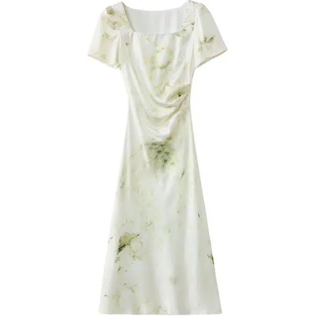 沐晓欣 法式方领缎面印花气质修身收腰褶皱包臀短袖连衣裙 女款