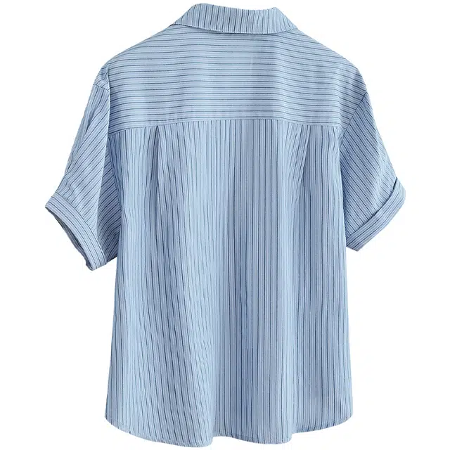 她池 通勤宽松休闲衬衣翻领短袖条纹衬衫 女款