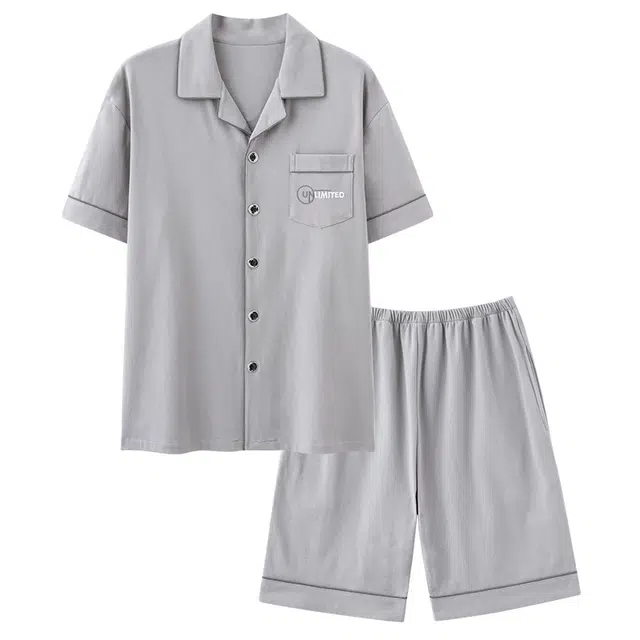 睦隆世家 纯色翻领短袖宽松可外穿薄款家居服睡衣套装 男款