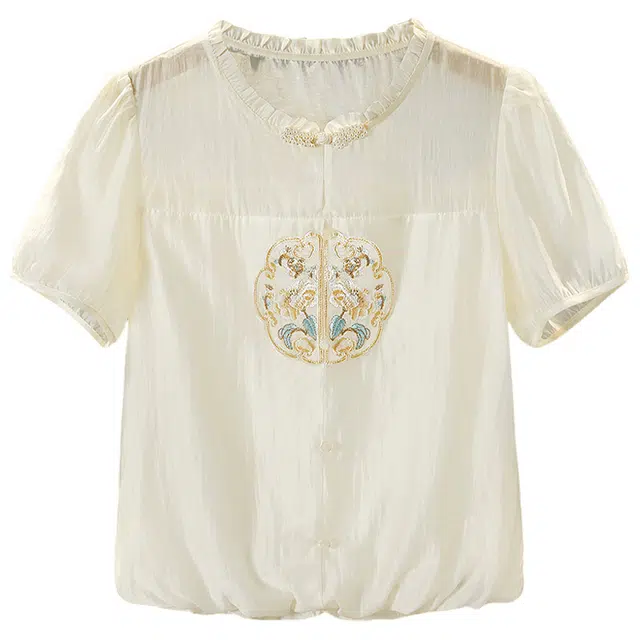 她池 木耳边衬衣盘扣刺绣新中式短袖衬衫 女款